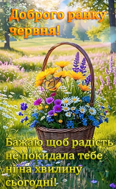 кошик з квітами і побажання доброго червневого ранку